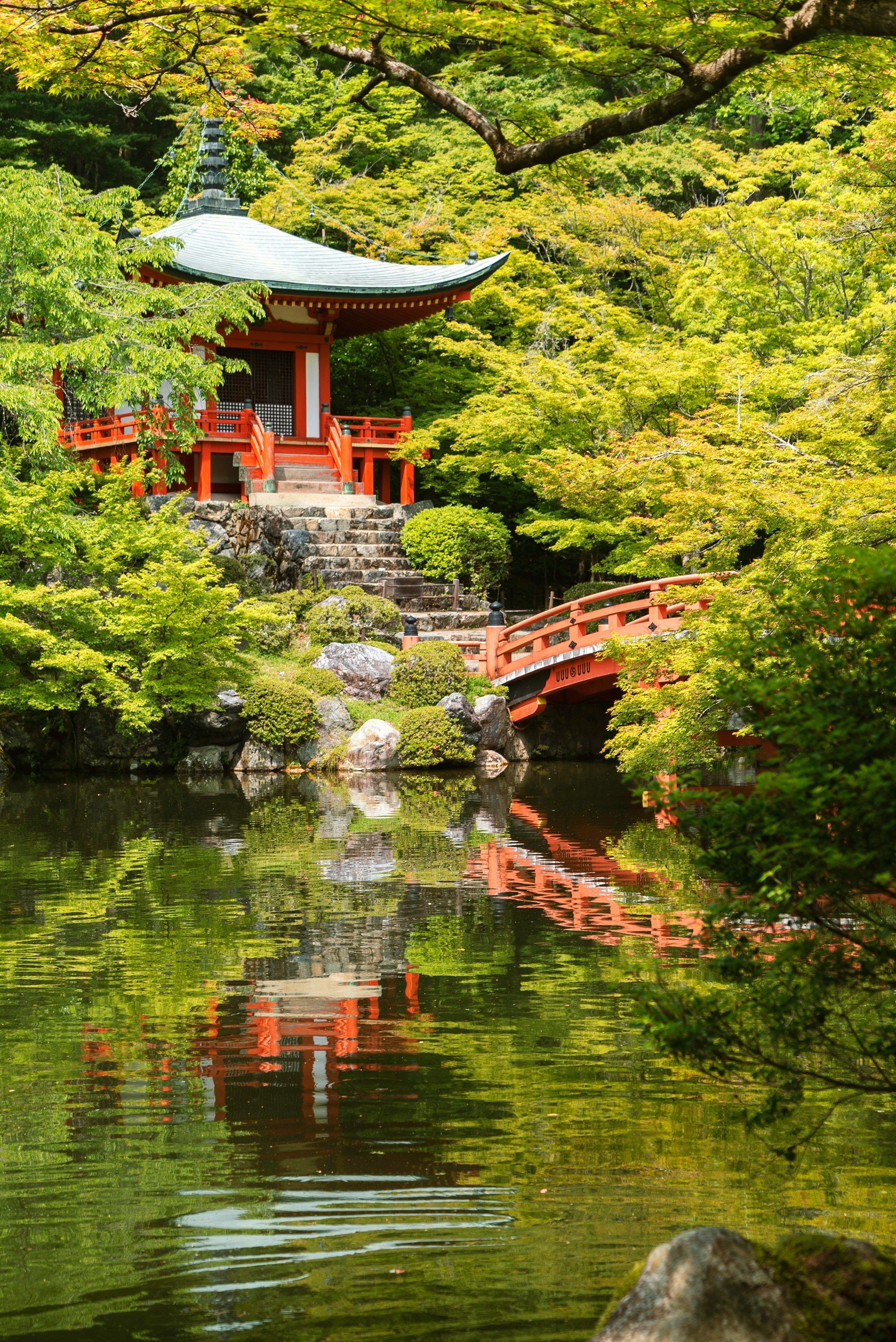 Una pagoda giapponese rossa e un ponte abbinato sono immersi tra alberi verdi e lussureggianti, con i loro riflessi visibili nell'acqua tranquilla di uno stagno.