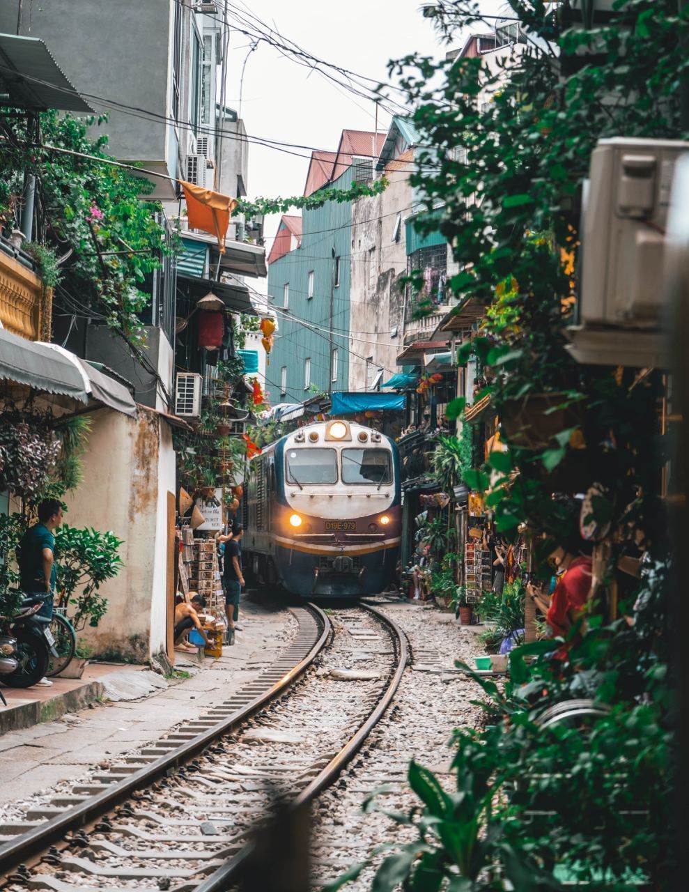 Un treno con il faro acceso viaggia lungo i binari attraverso una stretta via residenziale fiancheggiata da edifici e vegetazione lussureggiante.