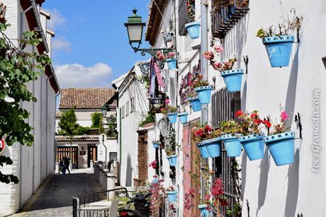 Una calle estrecha y soleada de adoquines con edificios encalados, uno de los cuales está decorado con muchas macetas azules.