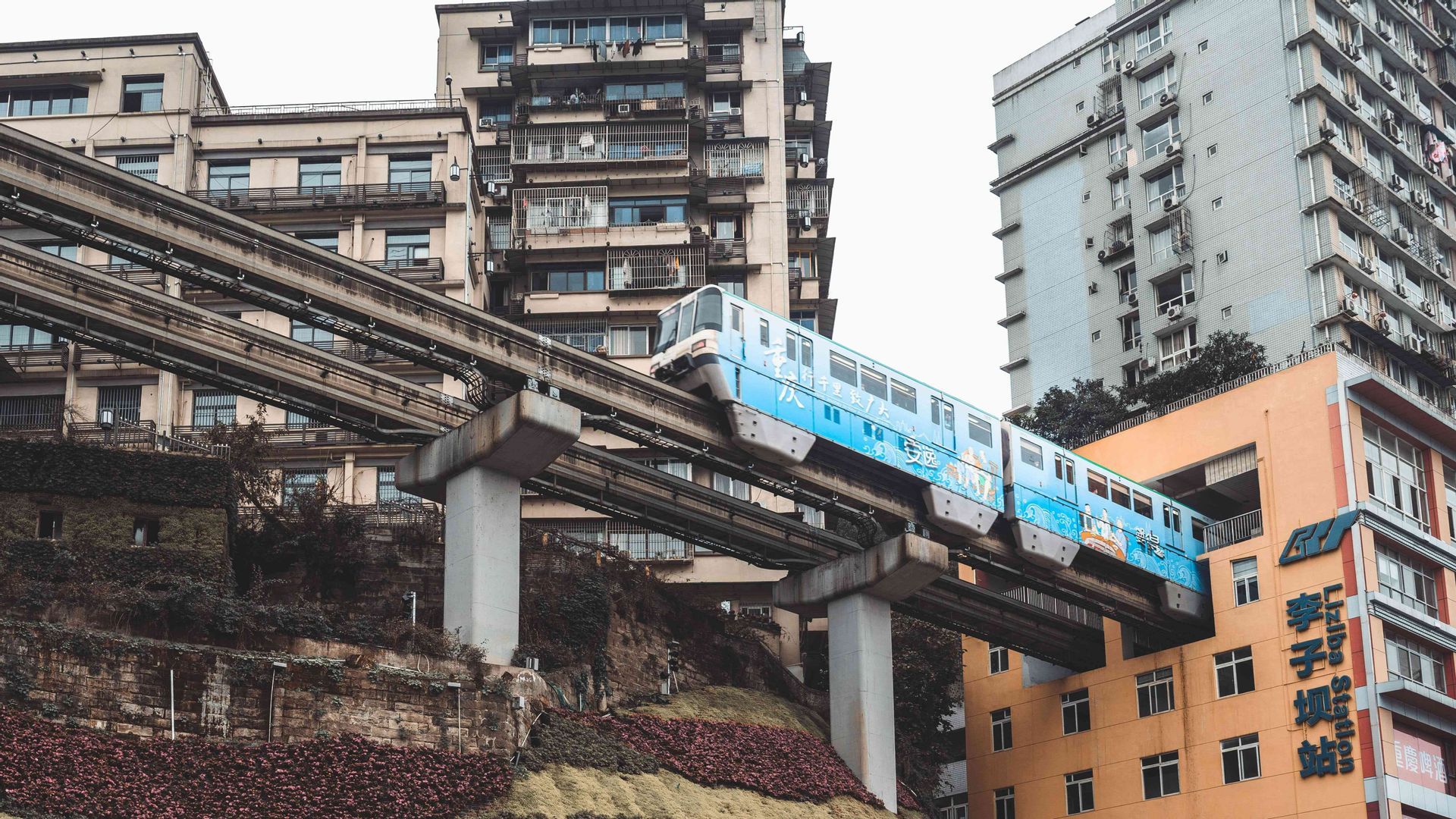 Un treno monorotaia blu su un binario sopraelevato attraversa un'apertura in un edificio residenziale in una zona urbana densa.