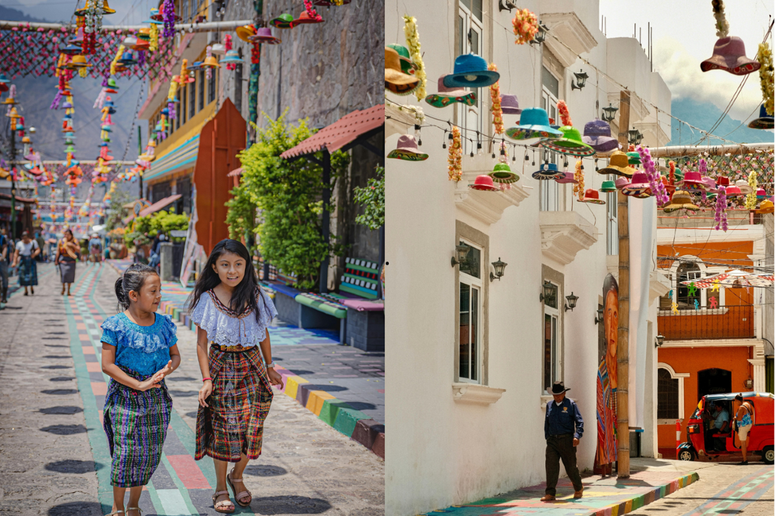 Ein Diptychon einer farbenfrohen Straßenszene mit zwei Mädchen in traditioneller Kleidung und hängendem Hutschmuck.