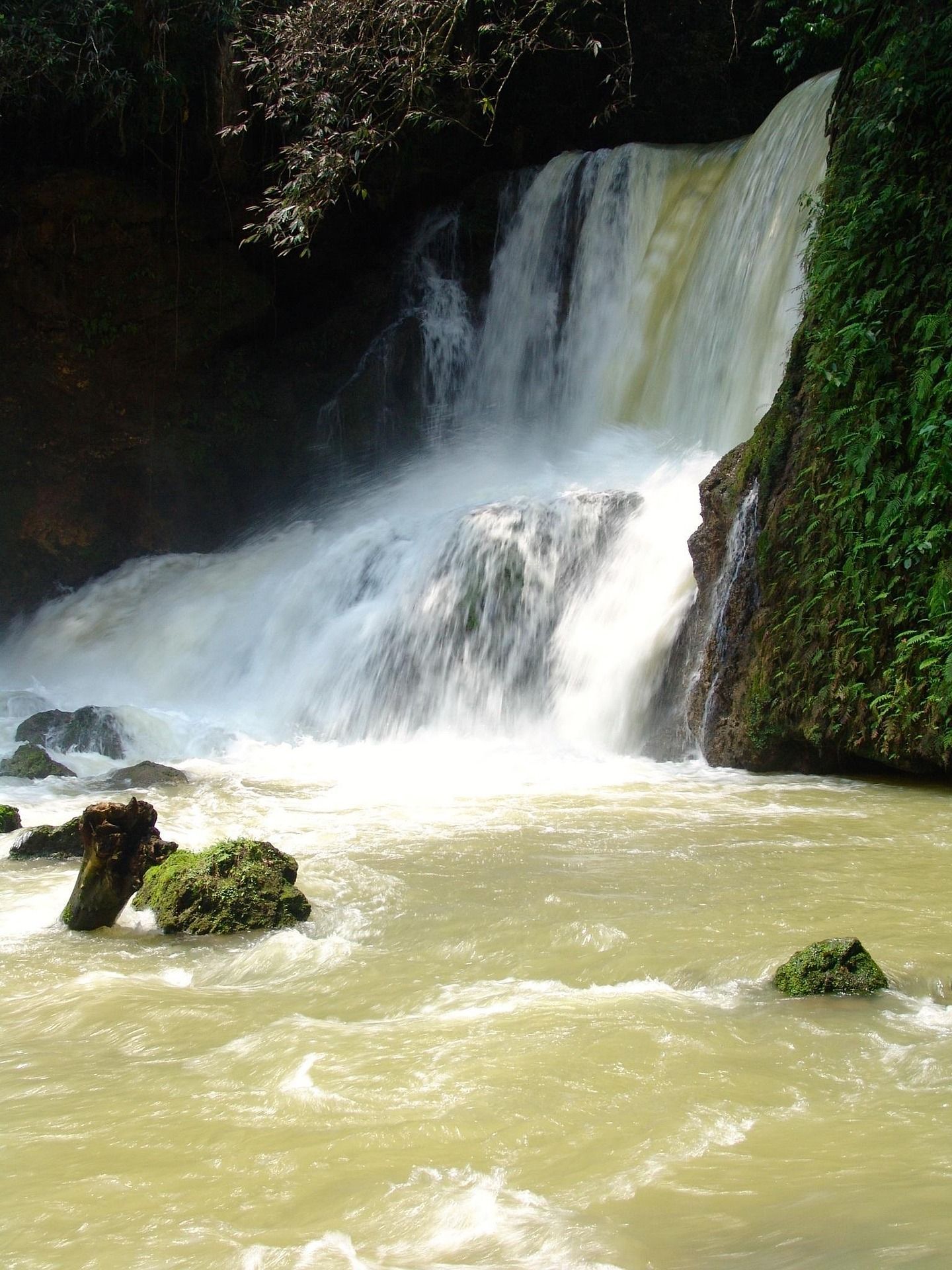Una grande cascata precipita da una scogliera rocciosa e ricoperta di vegetazione in un fiume torbido sottostante.