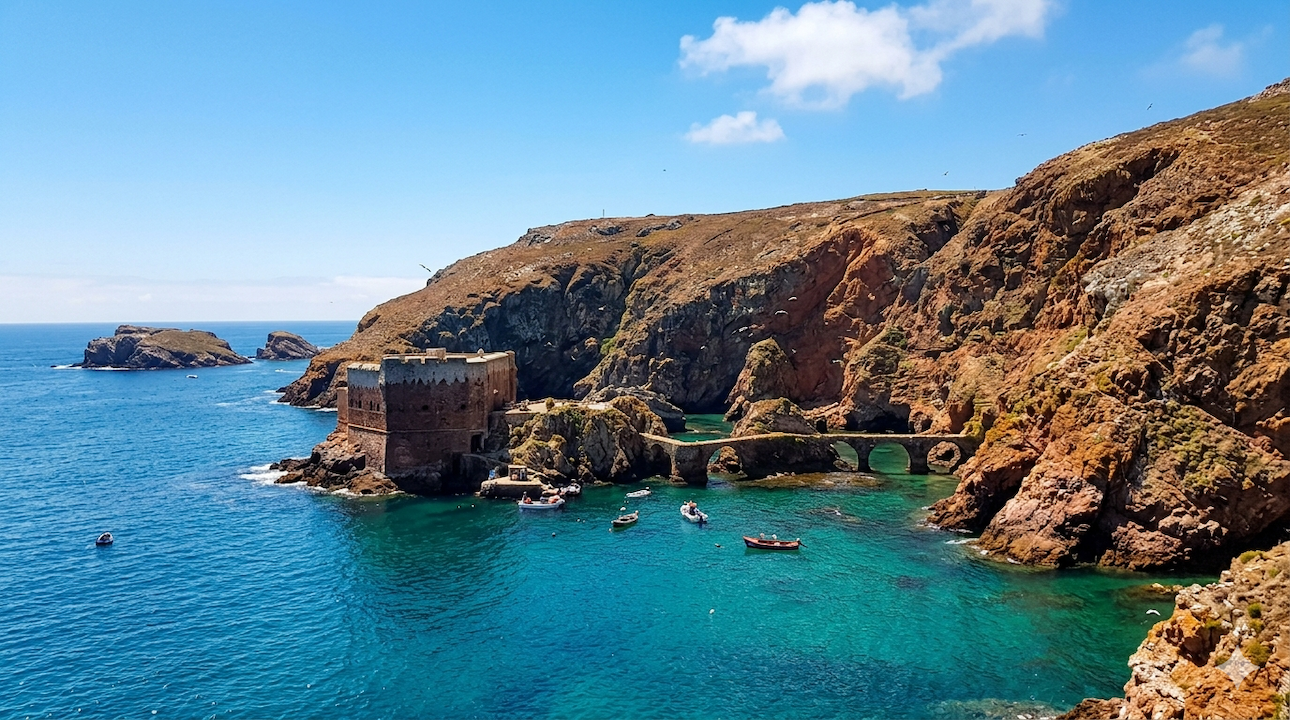 Un antico forte di pietra con un ponte ad arco si erge su una costa rocciosa, e piccole imbarcazioni galleggiano nelle acque turchesi della baia sottostante.