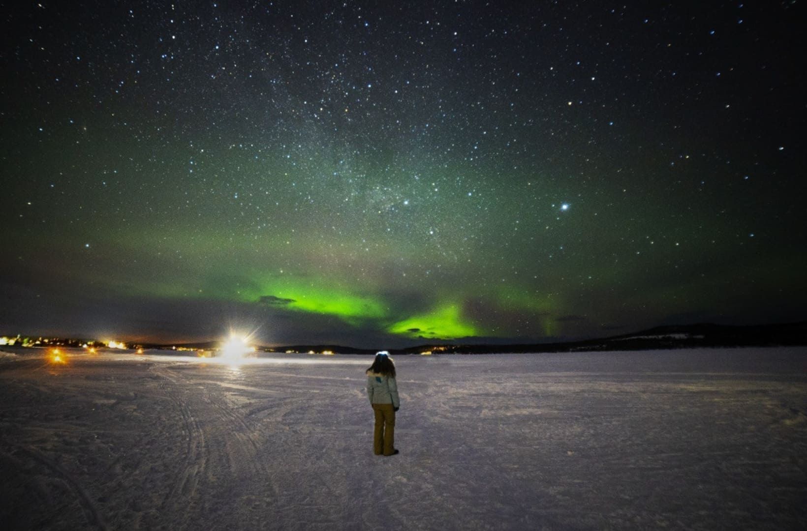 Une personne vue de dos se tient dans un paysage enneigé la nuit, regardant les aurores boréales vertes et un ciel étoilé.