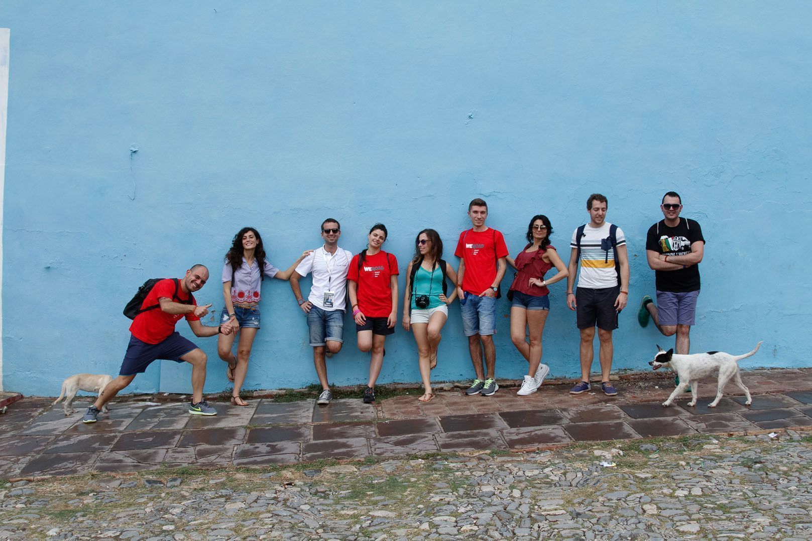 Un viaje en grupo de WeRoad posa para una foto contra una pared azul brillante en una calle empedrada, con dos perros pequeños cerca.