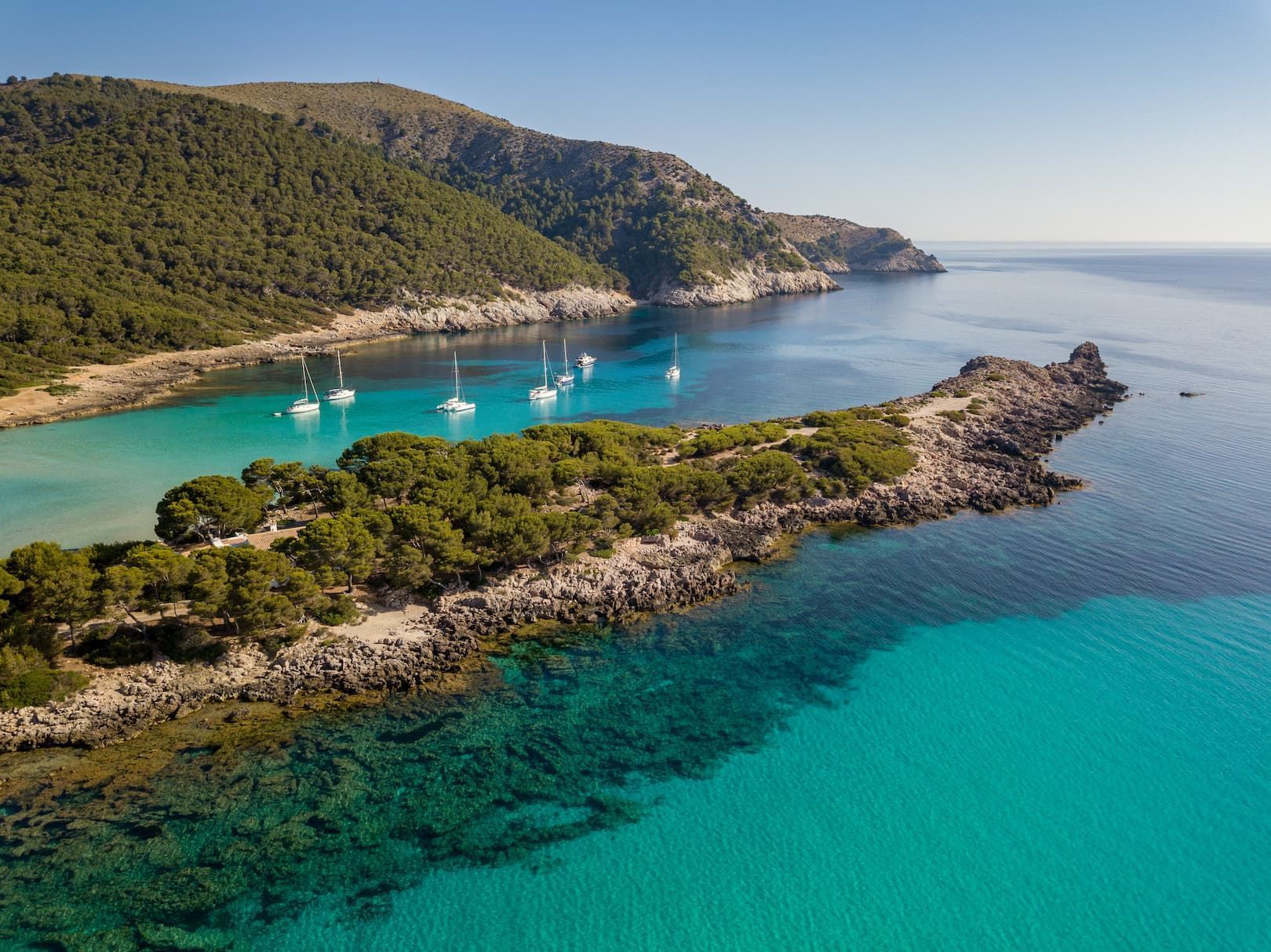 Vista aerea di diverse barche a vela bianche ancorate in una baia turchese e tranquilla, accanto a una penisola rocciosa alberata.