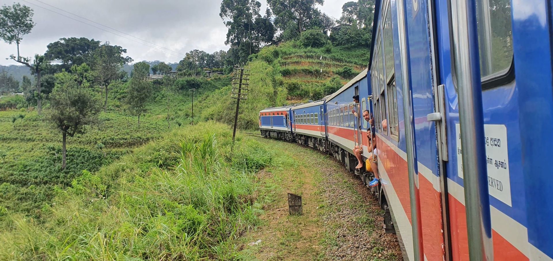Un viaje en grupo de WeRoad en las puertas abiertas de un tren azul y rojo que atraviesa un exuberante paisaje verde.
