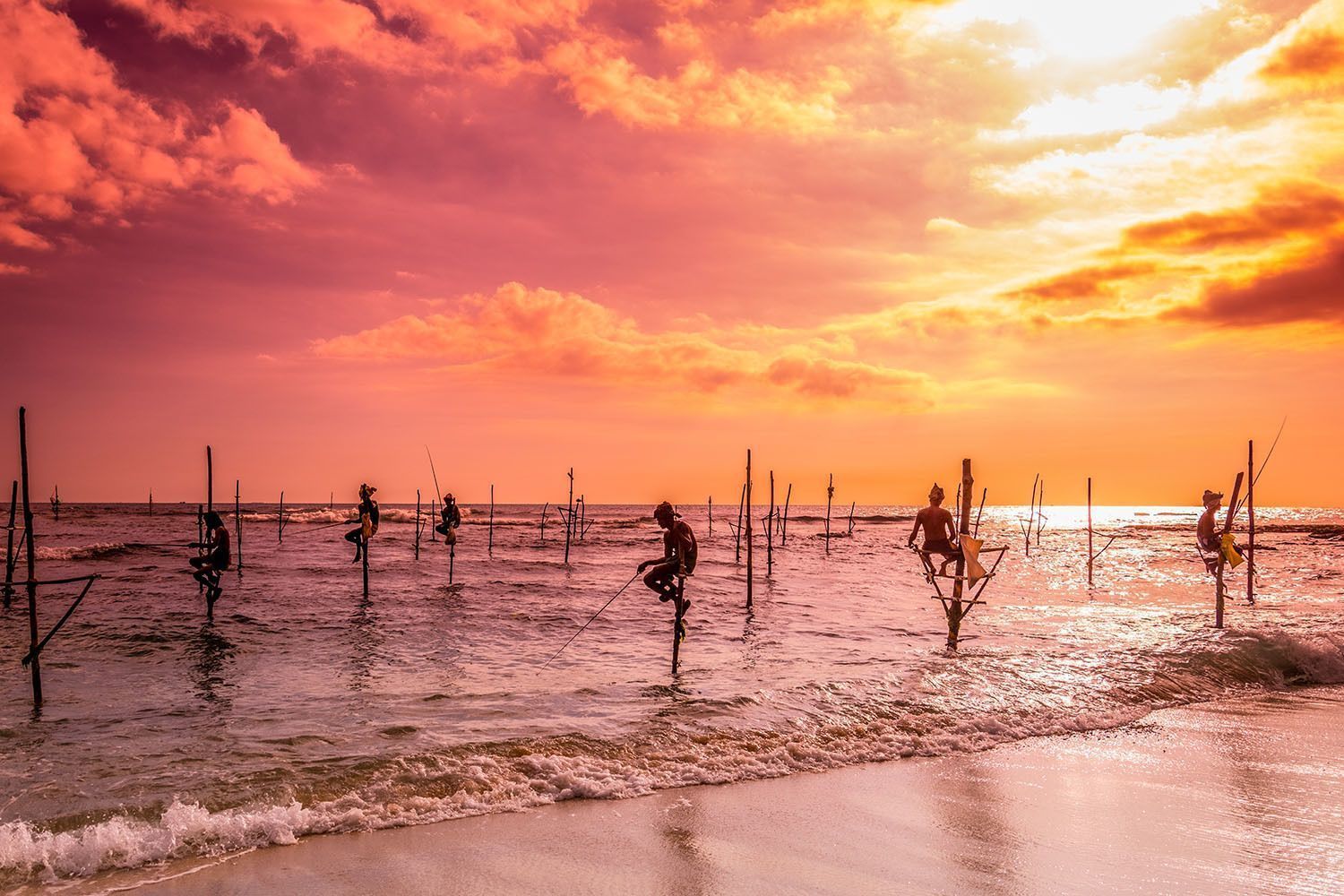Plusieurs pêcheurs sont assis sur de hauts pilotis en bois dans l'océan peu profond, tenant des cannes à pêche sous un ciel de coucher de soleil spectaculaire et coloré.