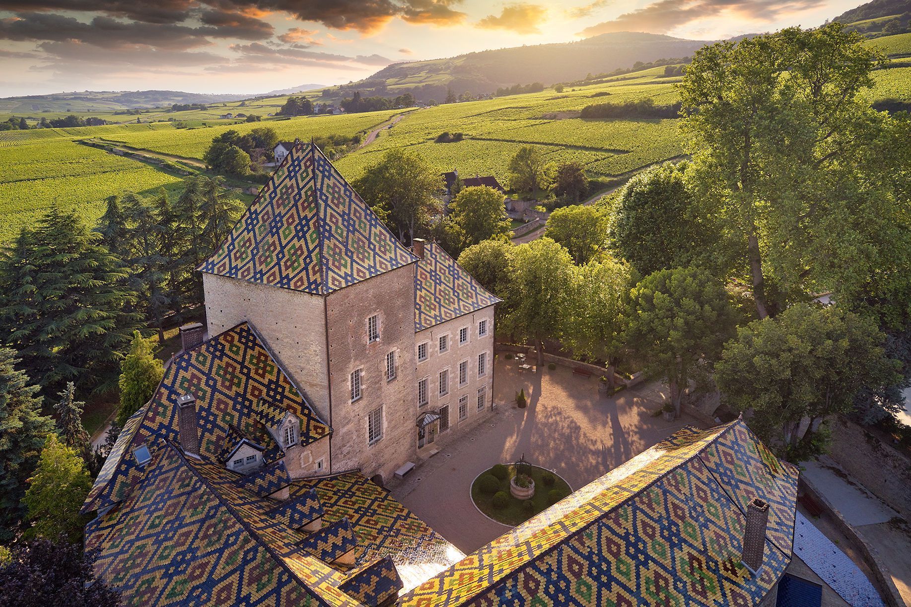 Vue aérienne d'un château au toit de tuiles géométriques colorées, entouré de vignobles luxuriants sur des collines vallonnées au coucher du soleil.