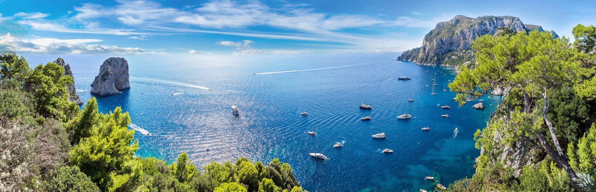 Una vista panorámica de una costa rocosa con muchos barcos en el mar azul brillante, vista desde un punto elevado a través de árboles verdes.