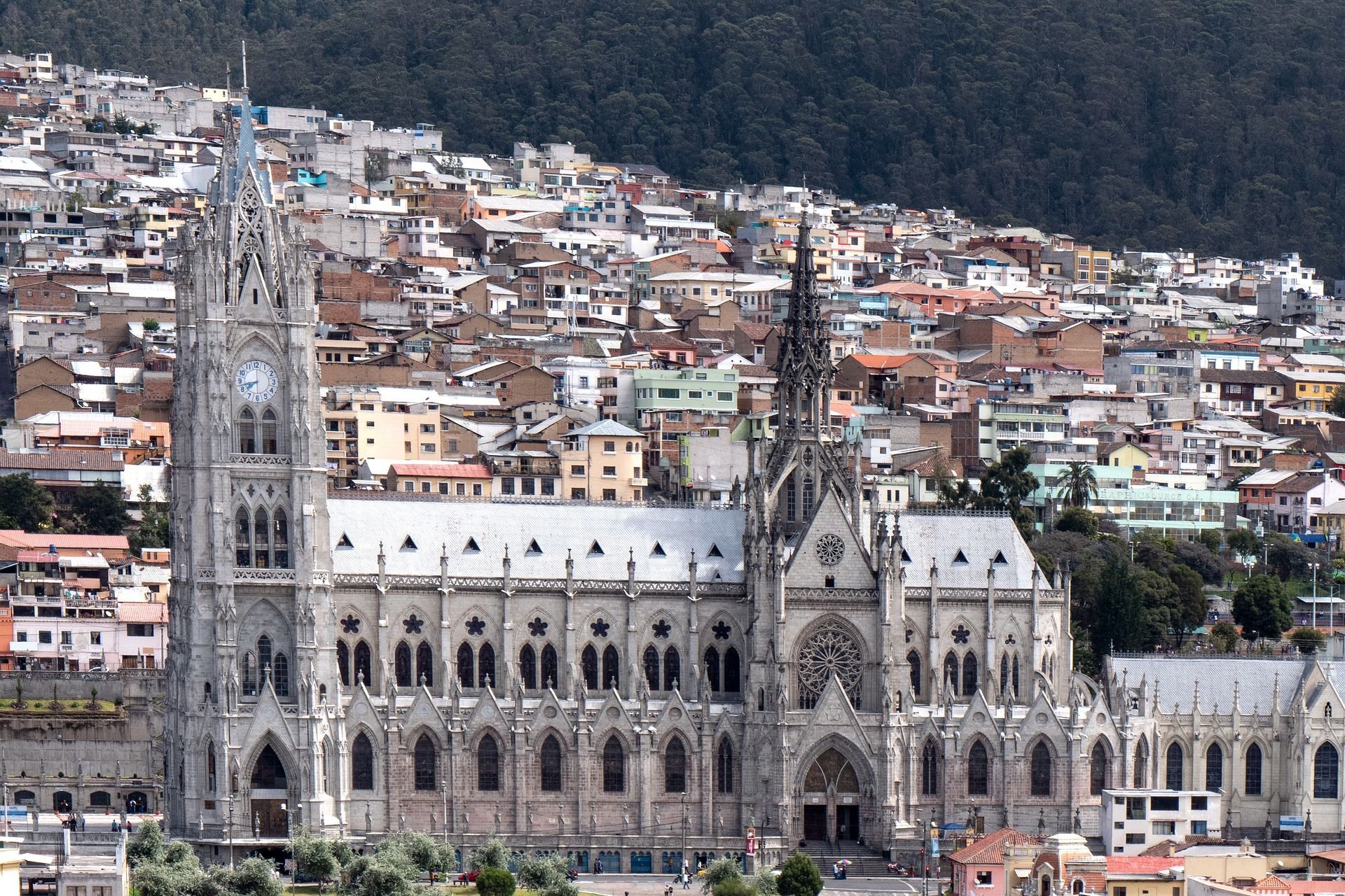 Una gran catedral gótica gris con una torre del reloj se alza frente a una densa ciudad construida en una colina boscosa.
