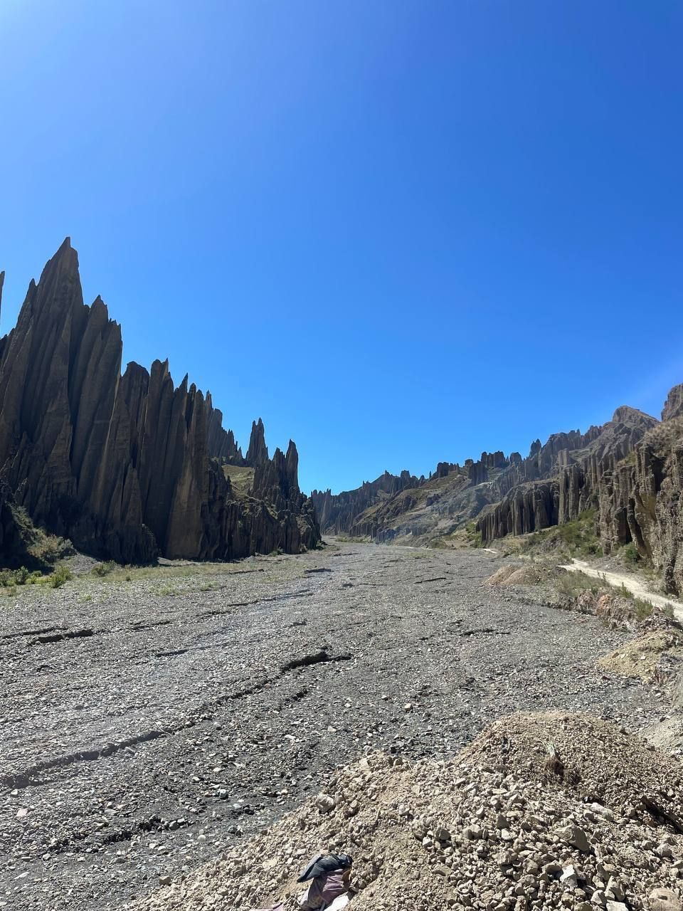 A wide, rocky canyon floor flanked by tall, spiky rock formations under a clear blue sky.