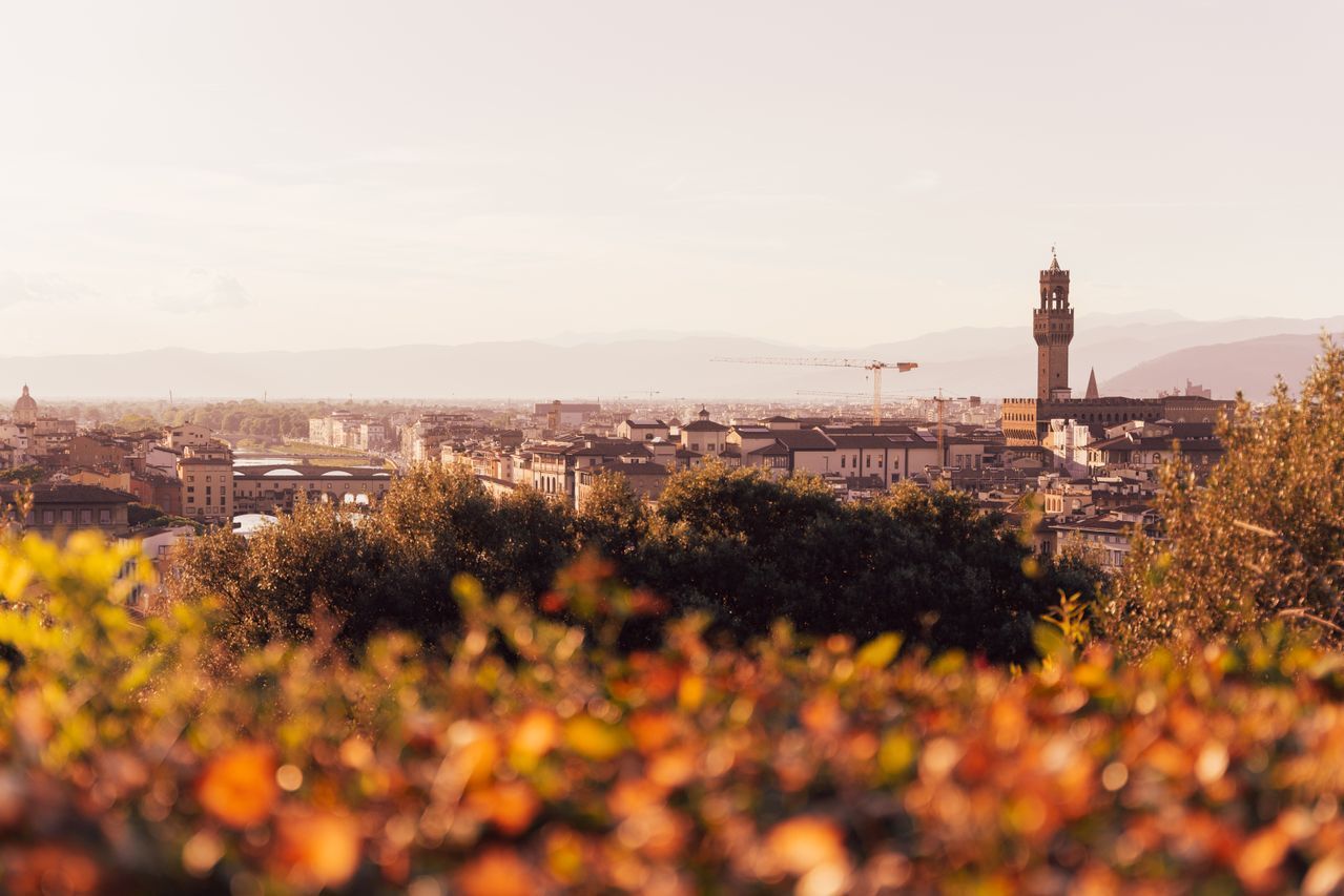 Una veduta dall'alto di una città con un'imponente torre di pietra, vista attraverso foglie autunnali sfocate in primo piano.