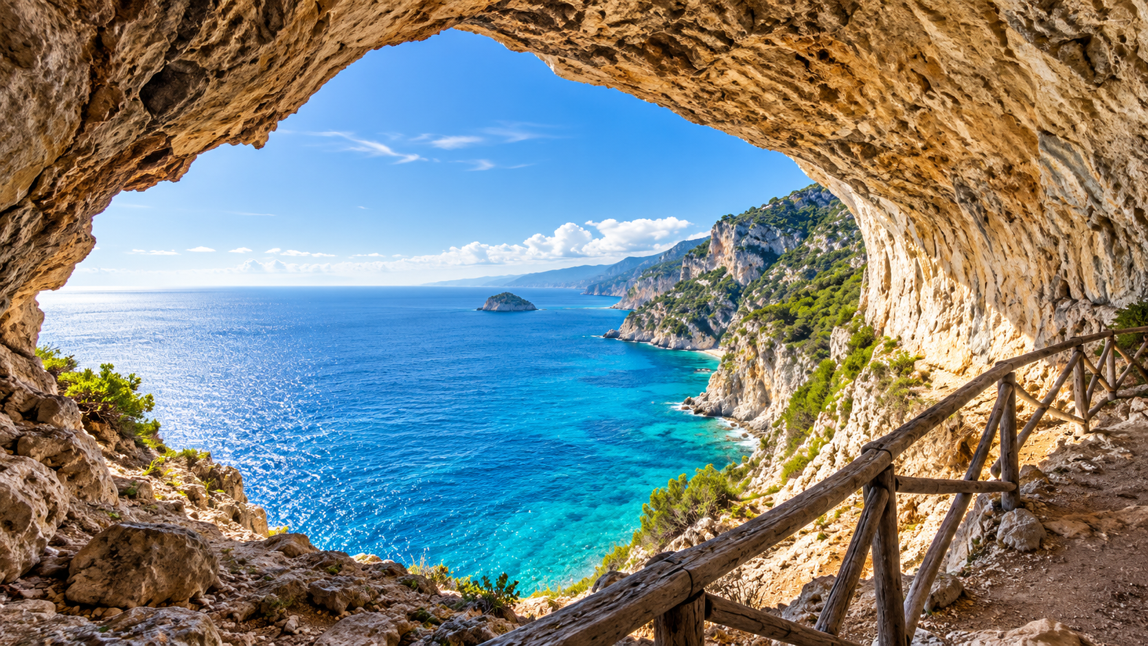 Vista costiera di mare turchese e scogliere rocciose incorniciate da un'apertura naturale di una grotta con una ringhiera di legno lungo il sentiero
