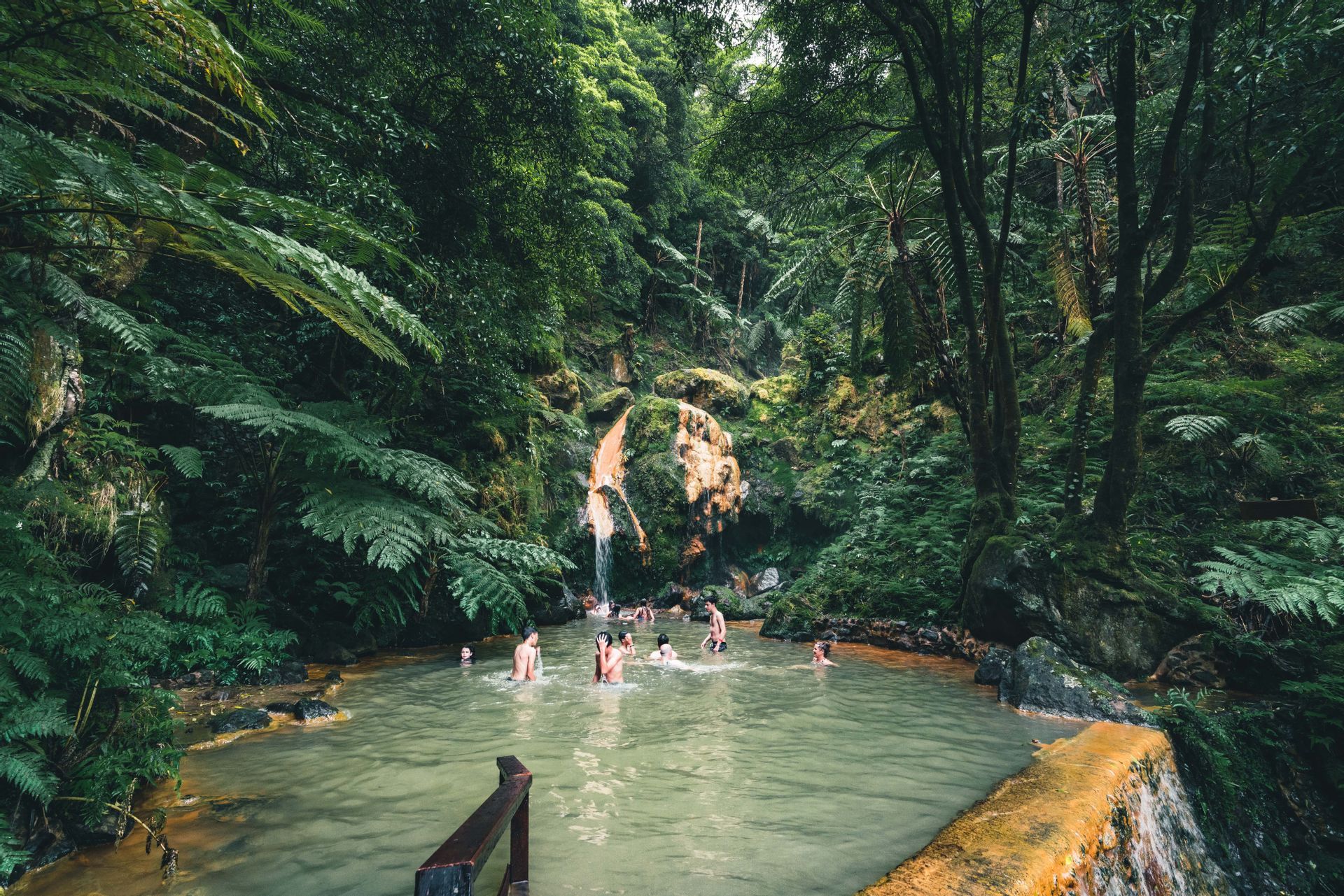 Voyage de groupe WeRoad : baignade dans une piscine naturelle au pied d'une cascade, entourés par une luxuriante forêt verdoyante.