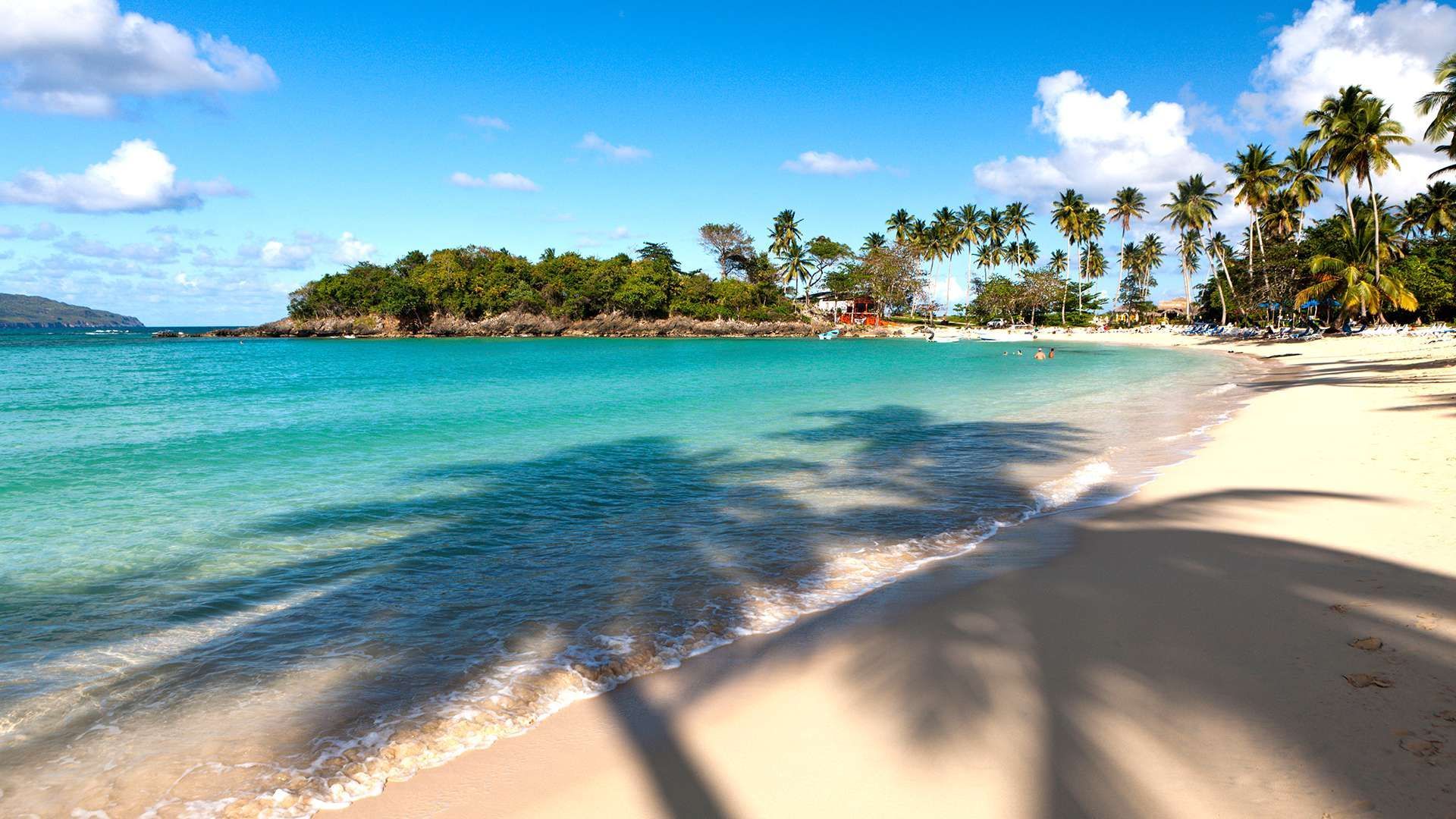 Ombre di palme cadono su una spiaggia di sabbia bianca accanto ad acqua turchese, con una lussureggiante penisola verde sullo sfondo sotto un cielo blu.