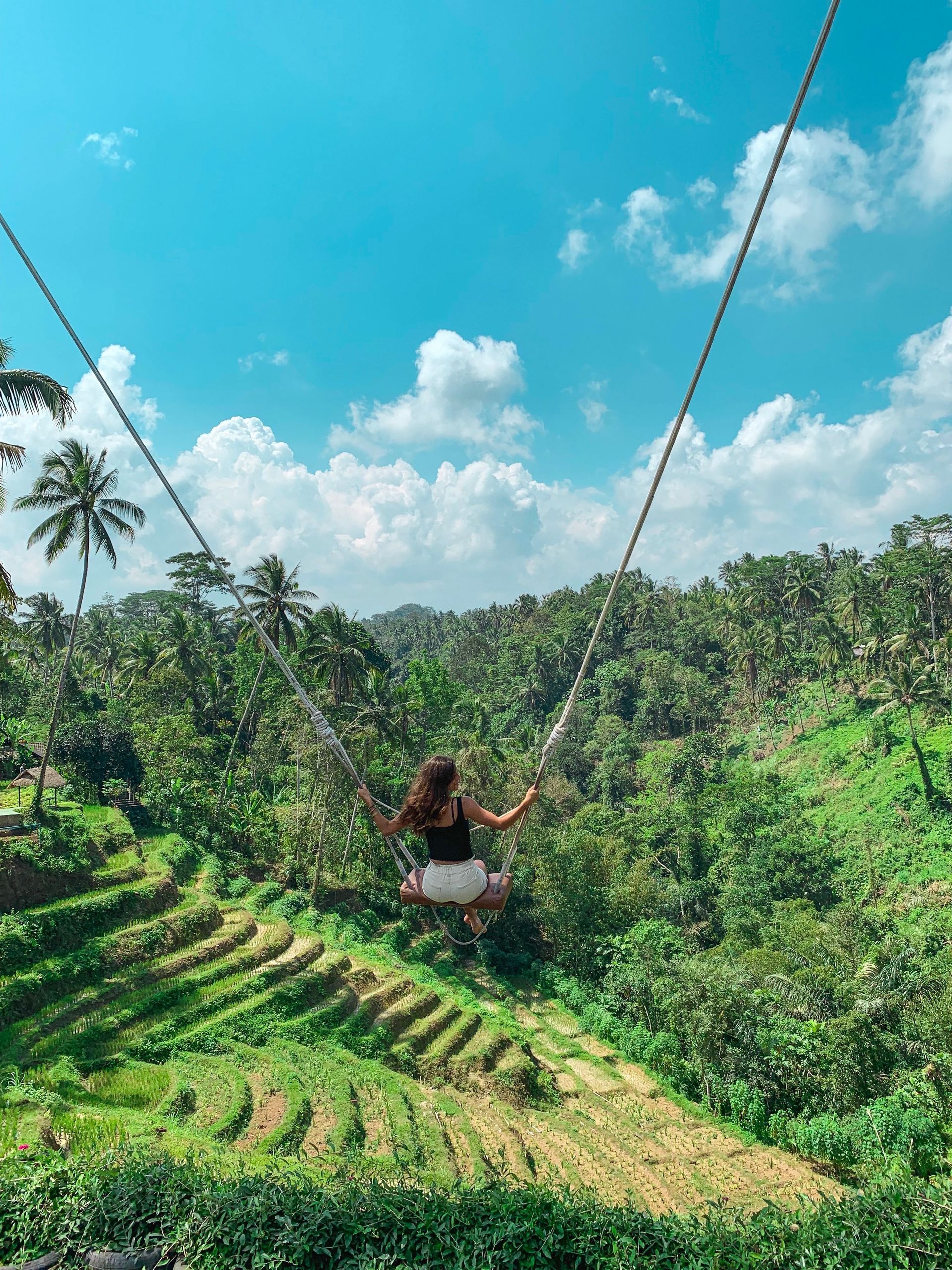 A woman on a large swing looks out over lush, terraced rice paddies and a tropical forest under a blue sky.