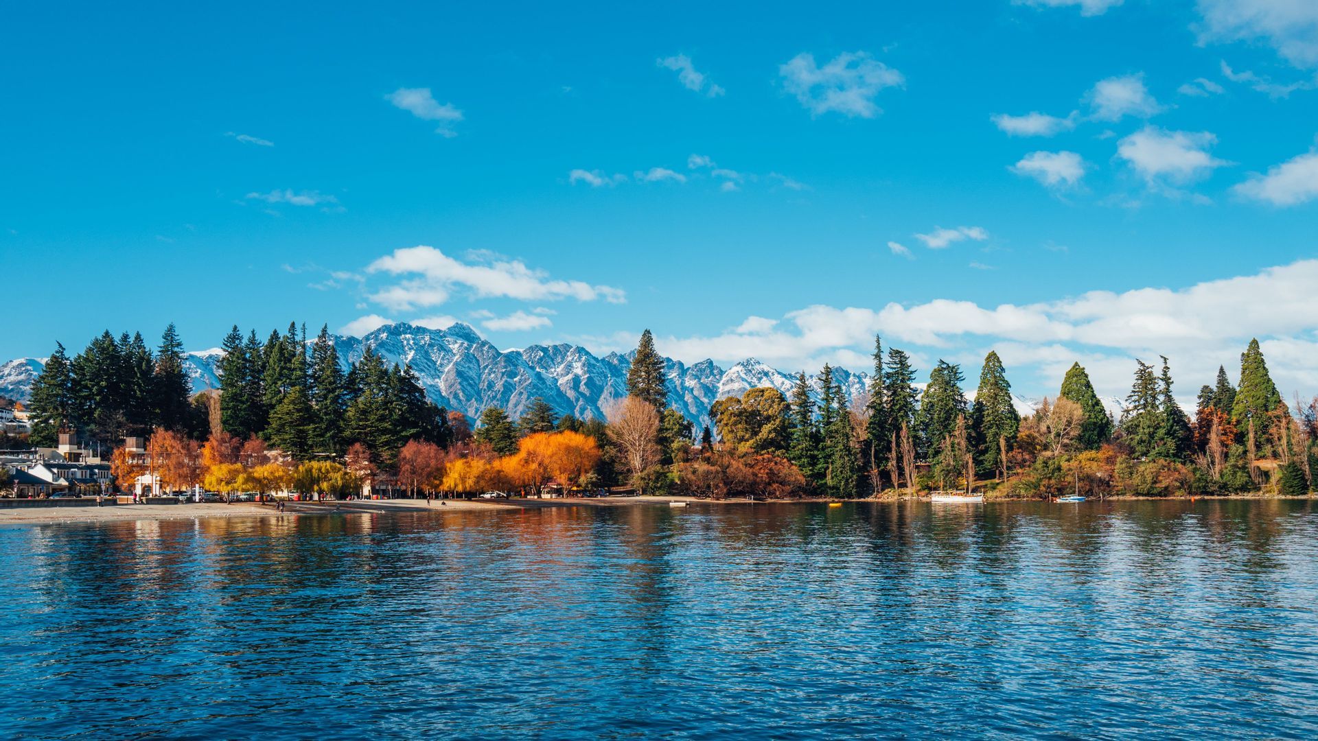 Una vista su un lago calmo mostra una riva con alberi autunnali colorati e montagne innevate sullo sfondo.