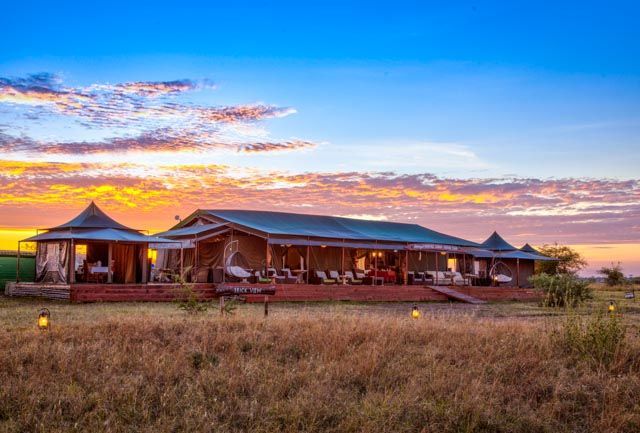Eine Safari-Lodge mit großen Zeltzimmern auf einer Holzterrasse, in einem grasbewachsenen Feld vor einem leuchtenden Sonnenuntergang.