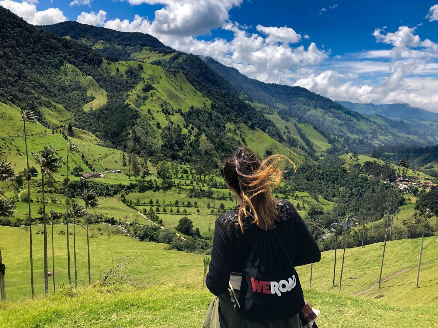 Una mujer con una mochila WeRoad contempla un exuberante valle verde con colinas ondulantes y palmeras altas bajo un cielo parcialmente nublado.