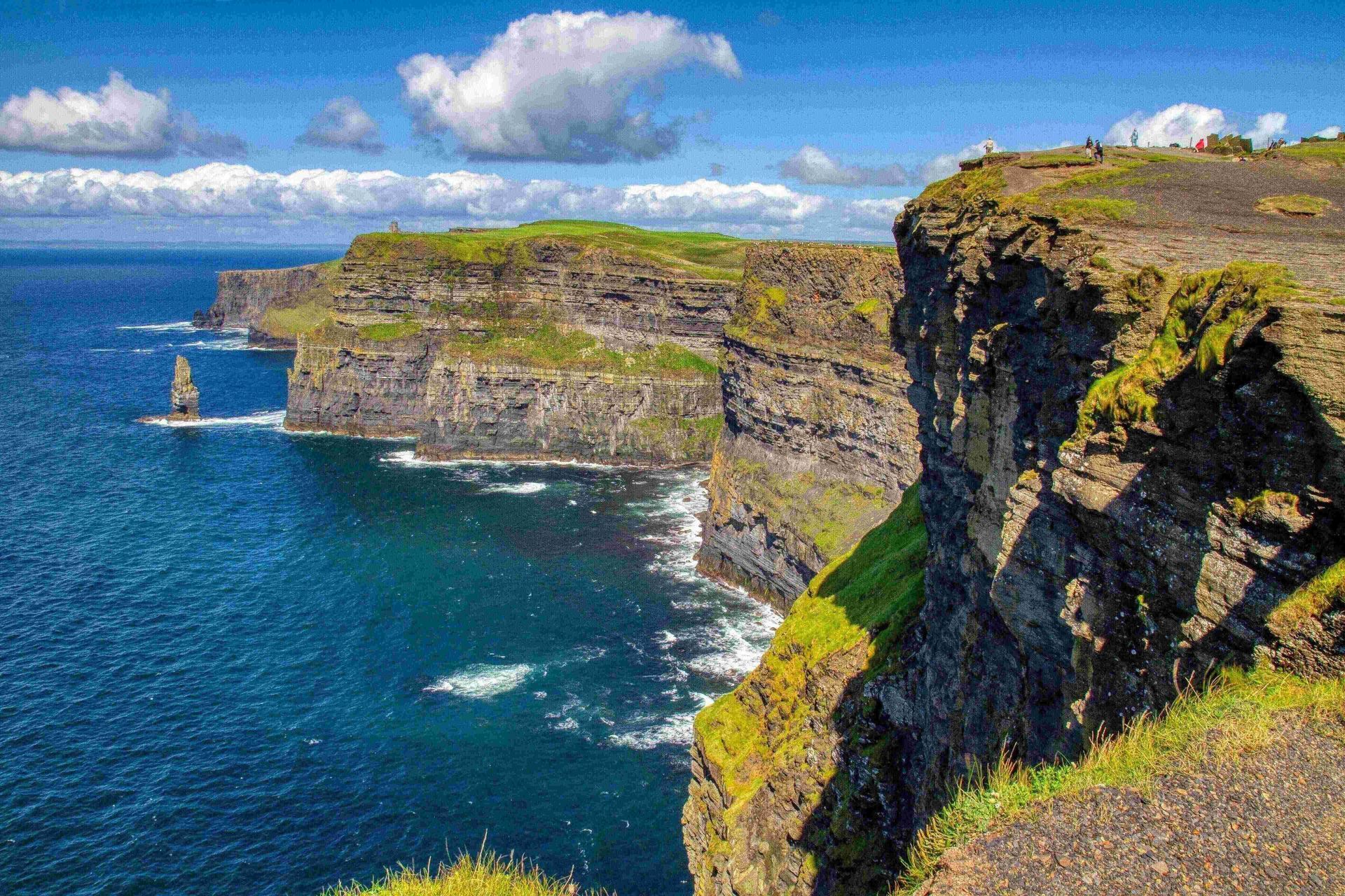 Scogliere verdi si ergono da un mare blu intenso sotto un cielo parzialmente nuvoloso, con un faraglione solitario visibile nell'acqua.