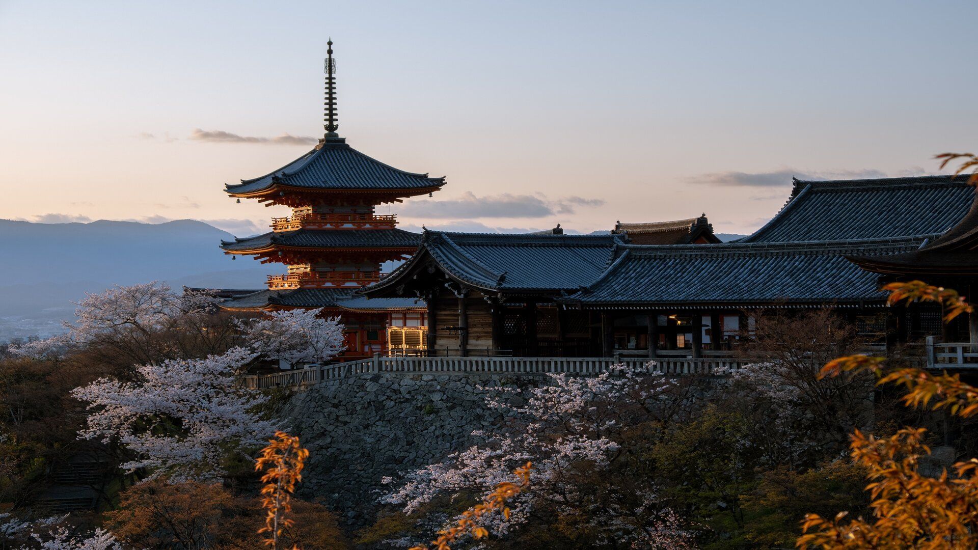 A red Japanese pagoda and temple buildings on a hill, surrounded by blooming cherry blossoms at sunset with mountains behind.