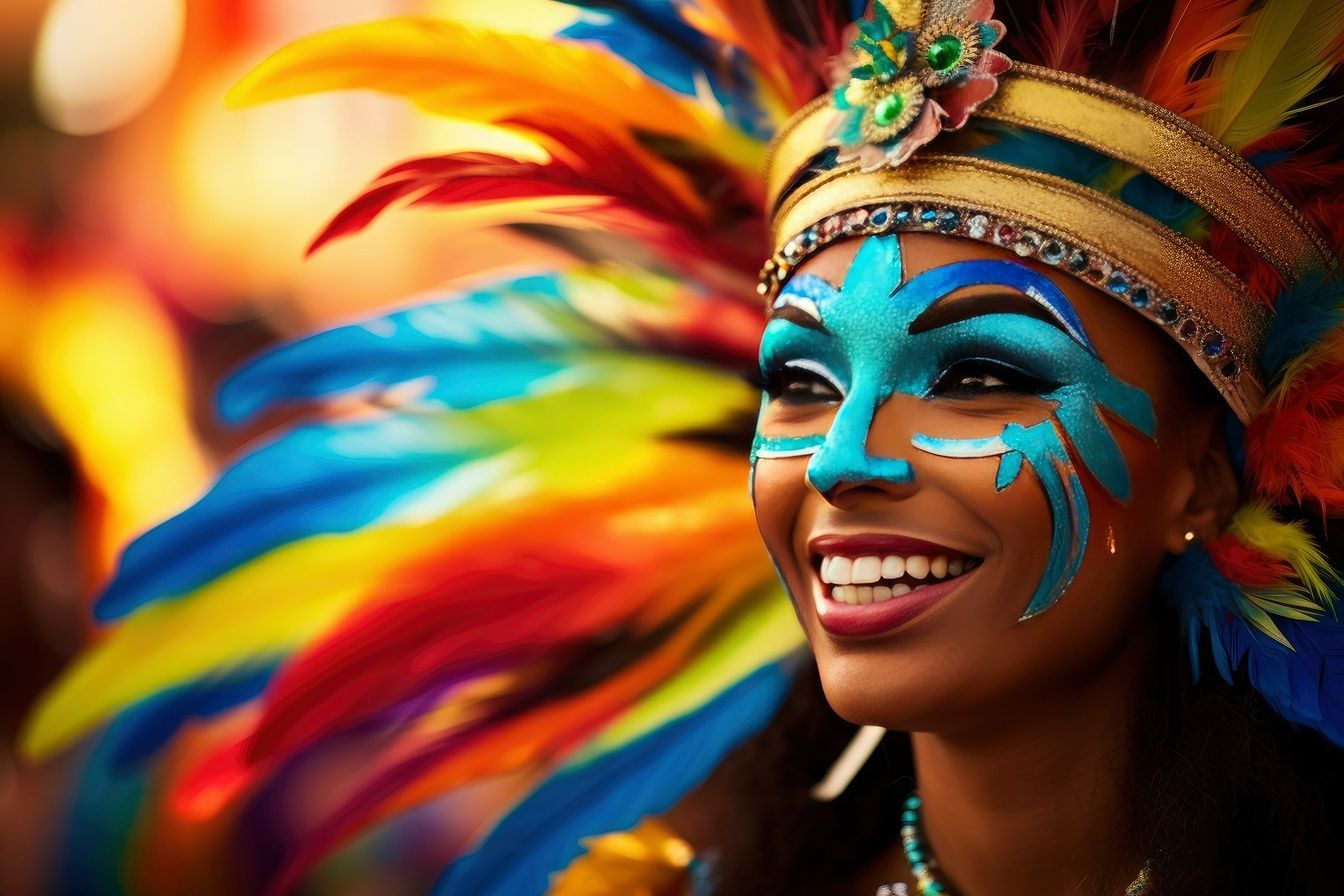 Un primo piano di una donna sorridente con un copricapo di piume colorate e vivace pittura blu sul viso.