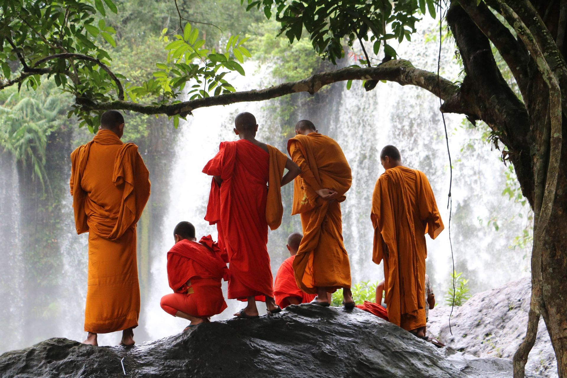 Un gruppo di monaci buddisti con tuniche arancioni e rosse si trova su una roccia bagnata, osservando una grande cascata in una foresta lussureggiante.