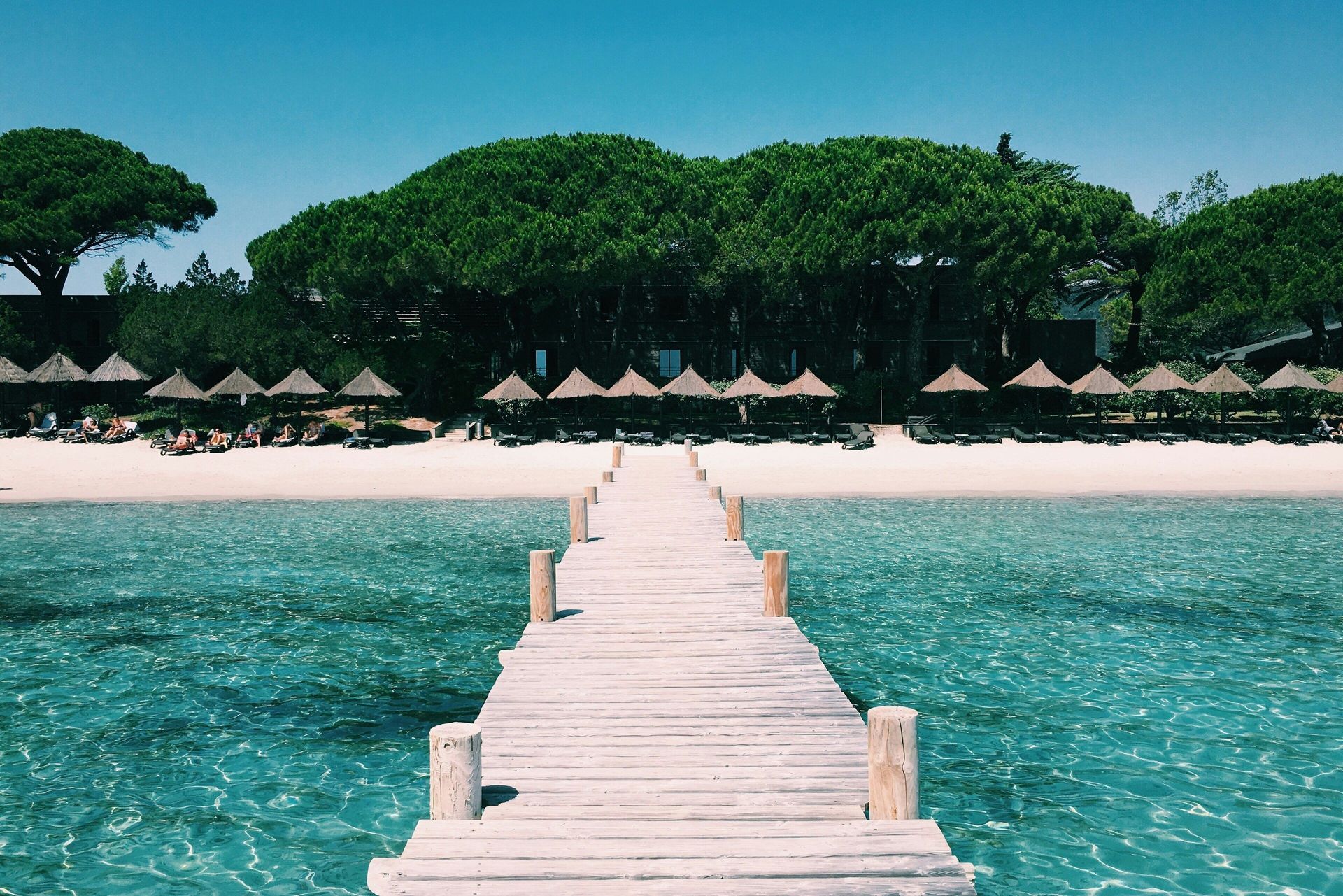 Un molo di legno si estende su acque limpide color turchese verso una spiaggia sabbiosa costeggiata da ombrelloni di paglia e alberi verdi lussureggianti.