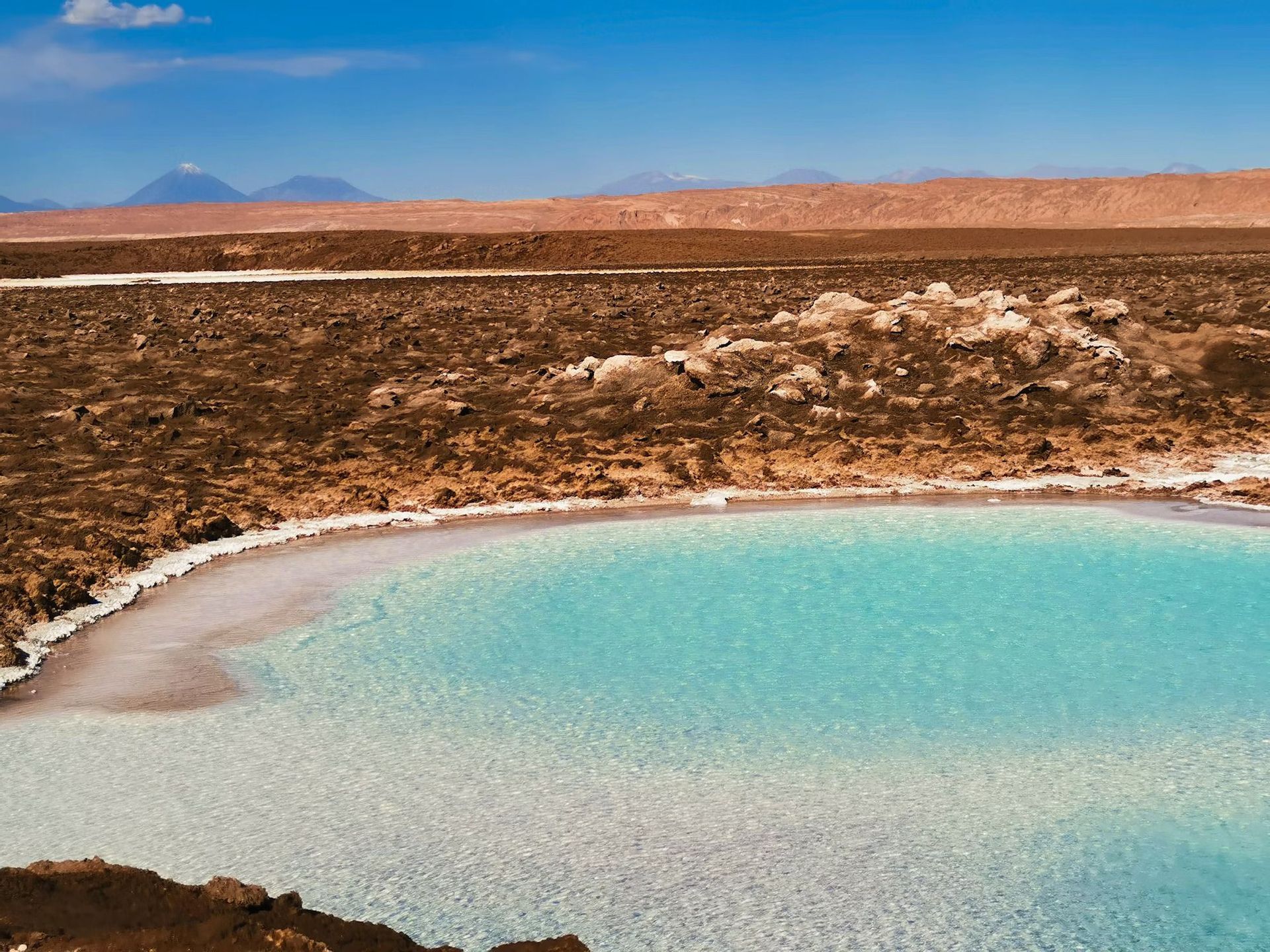 Una laguna turquesa con una orilla bordeada de sal en un paisaje desértico marrón, con montañas visibles bajo un cielo azul claro.