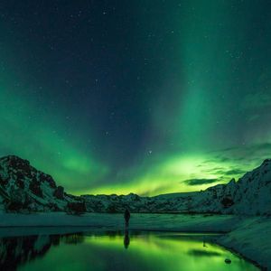Eine Person beobachtet die Nordlichter über schneebedeckten Bergen, ihr grünes Leuchten spiegelt sich im ruhigen Wasser eines Sees.