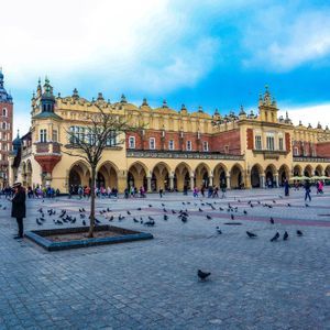 Una gran plaza empedrada llena de gente y palomas, con ornamentados edificios históricos de fondo bajo un cielo azul.
