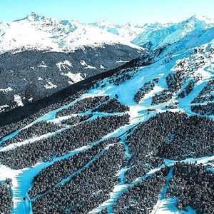 Veduta aerea di una catena montuosa innevata con piste da sci scavate tra fitte foreste sotto un cielo sereno.
