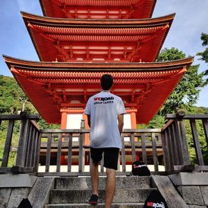 Un guía de grupo de WeRoad visto de espaldas, subiendo escaleras de piedra hacia una gran pagoda japonesa roja con árboles.