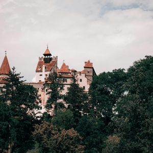 Un castello di pietra con tetti in tegole rosse e torri si erge sopra una fitta foresta verde sotto un cielo nuvoloso.