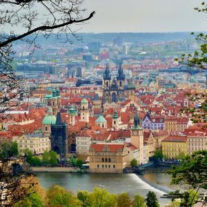 Vue plongeante d'une ville européenne historique avec des toits de tuiles rouges et des flèches, encadrée par des branches d'arbres avec une rivière en contrebas.