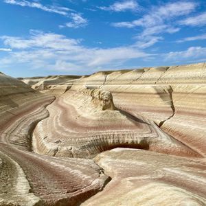Colorate formazioni rocciose stratificate di sedimenti rossi e bianchi formano dolci colline in un canyon sotto un cielo blu.