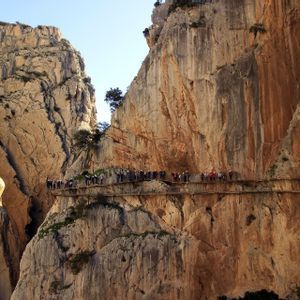 Un viaggio di gruppo WeRoad cammina in fila indiana lungo una stretta passerella attaccata alla parete rocciosa a strapiombo di un grande canyon.
