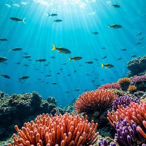 Un banco de peces nada sobre un arrecife de coral multicolor con rayos de sol perforando el agua azul desde la superficie.