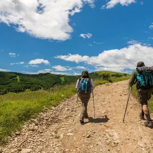 Due persone con zaini e bastoncini da trekking camminano su un sentiero sterrato su una montagna verde sotto un cielo azzurro con nuvole.