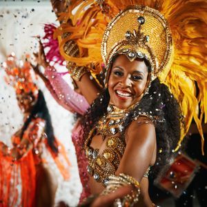 Una donna sorridente in un costume di carnevale dorato e piumato danza mentre i coriandoli le cadono intorno.