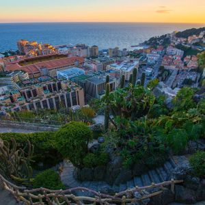 Una vista elevada desde un jardín en la ladera con cactus que domina una ciudad costera y el mar al atardecer.