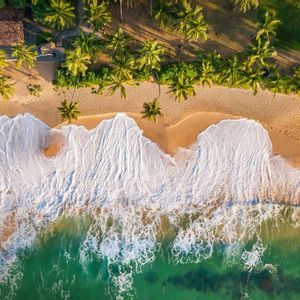 Veduta aerea dall'alto di onde con creste bianche che si infrangono su una spiaggia sabbiosa, orlata da palme e un edificio solitario.