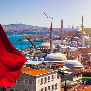 Un drapeau turc flotte au-dessus d&#39;un paysage urbain ensoleillé composé de dômes et de minarets, avec des mouettes planant au-dessus d&#39;un plan d&#39;eau.