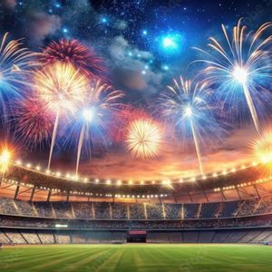 Colorful fireworks exploding in a starry night sky over a crowded and brightly lit sports stadium.