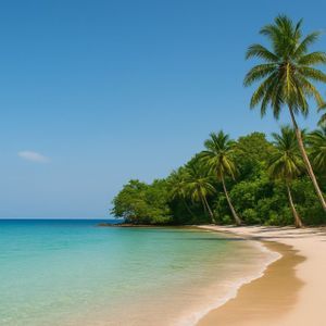 Des palmiers bordent une plage de sable blanc à côté d'une eau turquoise cristalline sous un ciel bleu éclatant.