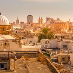 Un panorama urbain sur des toits plats, avec un bâtiment au dôme blanc, un palmier et des gratte-ciel modernes en arrière-plan brumeux.