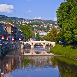 Un ponte in pietra ad arco attraversa un fiume che scorre in una città, con edifici su una sponda e un parco verdeggiante e alberato sull'altra.