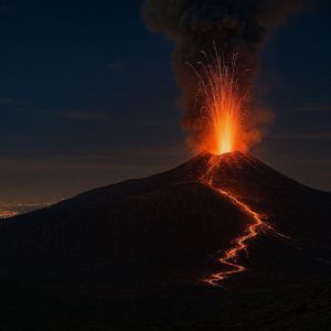 Un vulcano erutta sotto un cielo notturno scuro, proiettando lava infuocata nell'aria, mentre un fiume di roccia fusa scorre lungo il suo pendio.