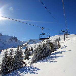 Un telesilla vacío asciende una ladera nevada con pinos abajo, bajo un sol brillante y un cielo azul claro.